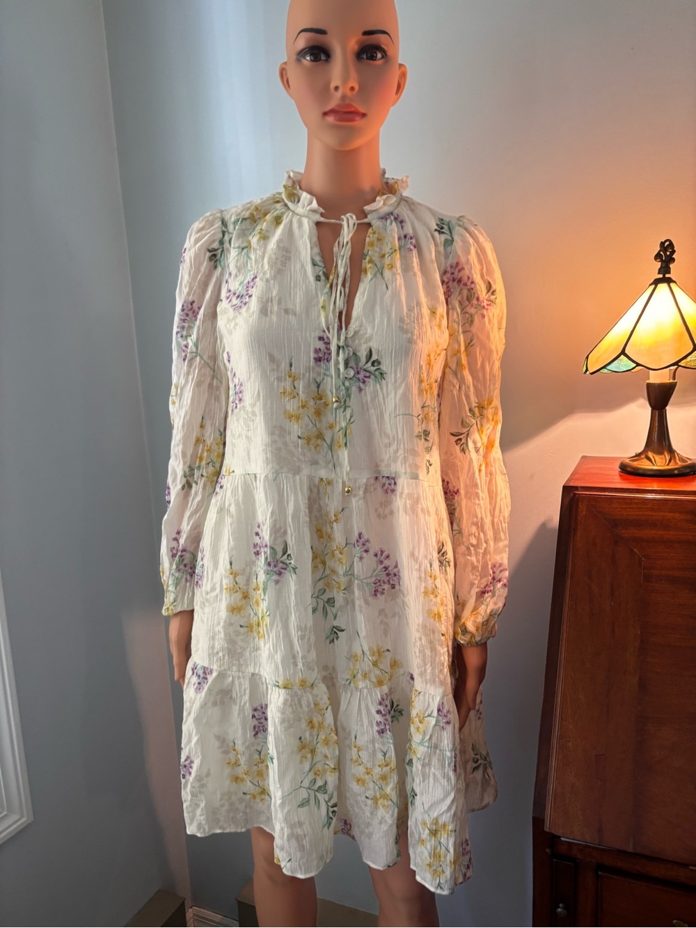 Taylor White Floral Long Sleeve Tiered Mini Dress